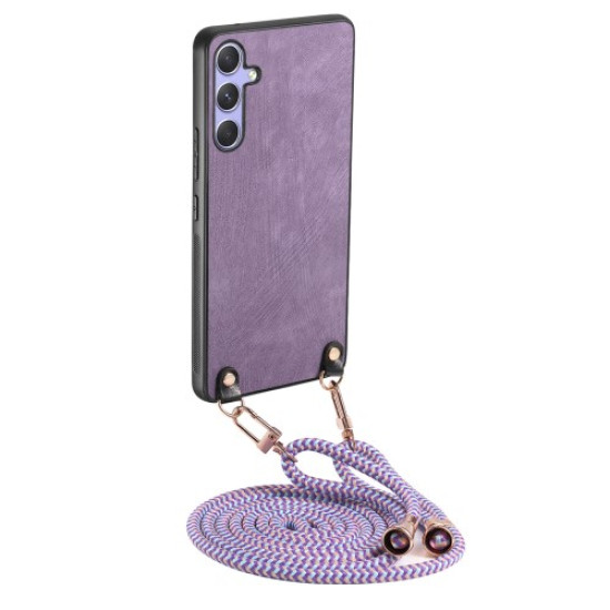 For Samsung Galaxy A56 5G / Galaxy A36 5G Retro Leather Phone Back Cover with Adjustable Strap - Purple