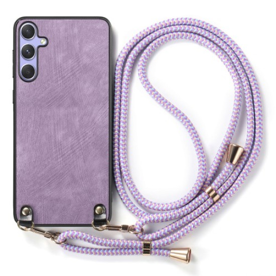 For Samsung Galaxy A56 5G / Galaxy A36 5G Retro Leather Phone Back Cover with Adjustable Strap - Purple