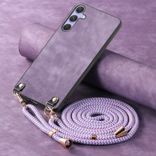 For Samsung Galaxy A56 5G / Galaxy A36 5G Retro Leather Phone Back Cover with Adjustable Strap - Purple