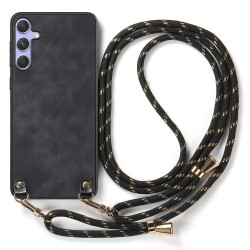 Σκληρή Θήκη με Επένδυση Δερματίνης και Κορδόνι για το Λαιμό για Samsung Galaxy A56 5G / Galaxy A36 5G - Μαύρο