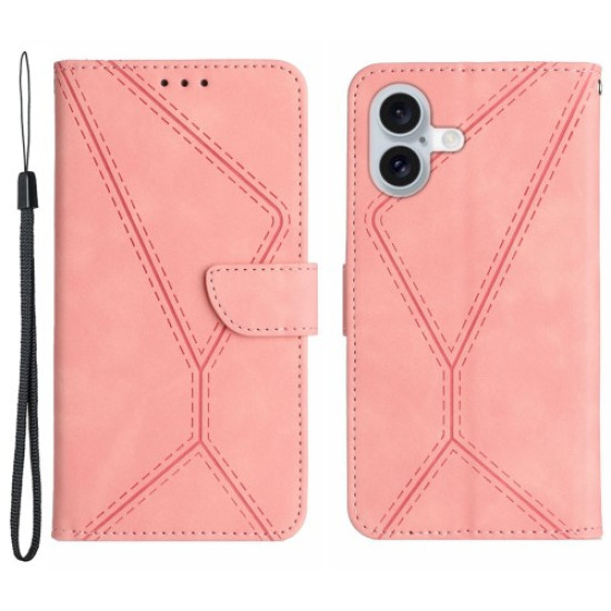 HT05 For iPhone 16 Case Flip Folio Leather Phone Cover with Credit Card Holder - Pink
