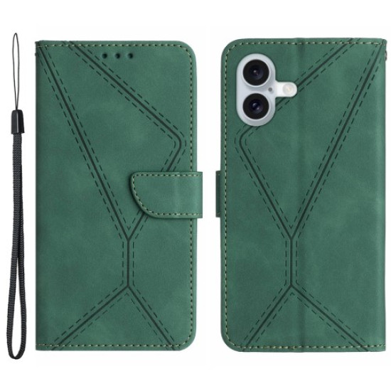 HT05 For iPhone 16 Case Flip Folio Leather Phone Cover with Credit Card Holder - Green