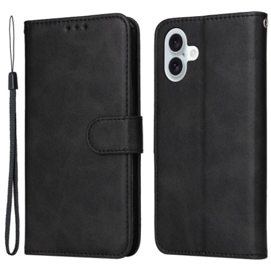 For iPhone 16 Plus Leather Wallet Case Calf Texture Magnetic Clasp Cell Phone Cover - Black