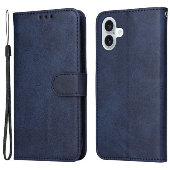 For iPhone 16 Plus Leather Wallet Case Calf Texture Magnetic Clasp Cell Phone Cover - Blue