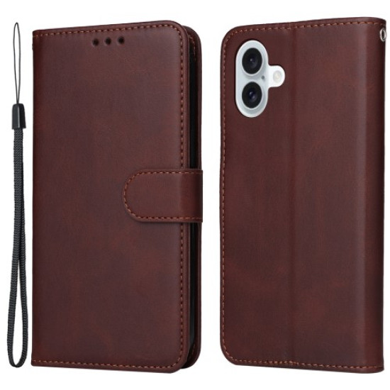 For iPhone 16 Plus Leather Wallet Case Calf Texture Magnetic Clasp Cell Phone Cover - Brown