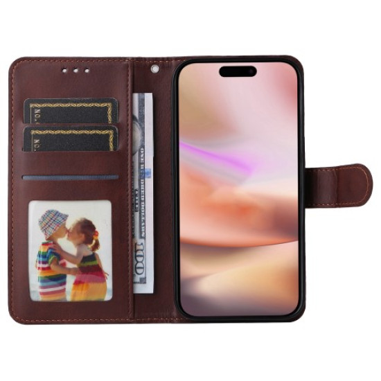 For iPhone 16 Plus Leather Wallet Case Calf Texture Magnetic Clasp Cell Phone Cover - Brown