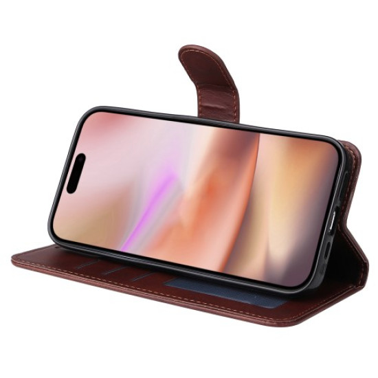 For iPhone 16 Plus Leather Wallet Case Calf Texture Magnetic Clasp Cell Phone Cover - Brown
