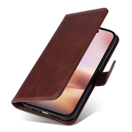For iPhone 16 Plus Leather Wallet Case Calf Texture Magnetic Clasp Cell Phone Cover - Brown