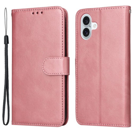 For iPhone 16 Plus Leather Wallet Case Calf Texture Magnetic Clasp Cell Phone Cover - Pink