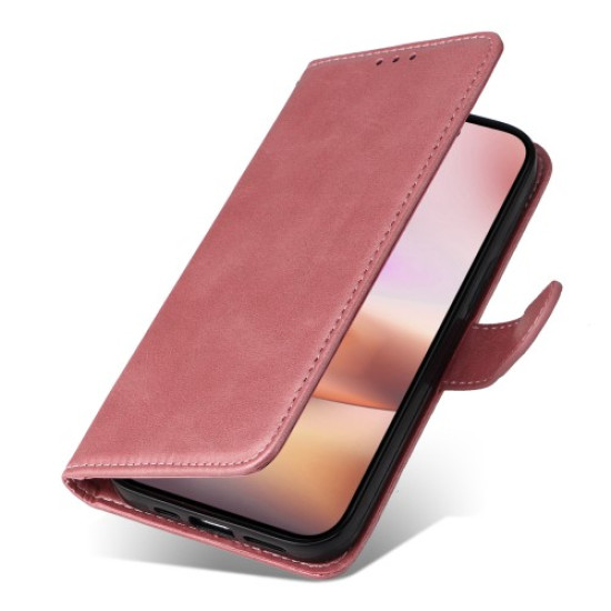 For iPhone 16 Plus Leather Wallet Case Calf Texture Magnetic Clasp Cell Phone Cover - Pink