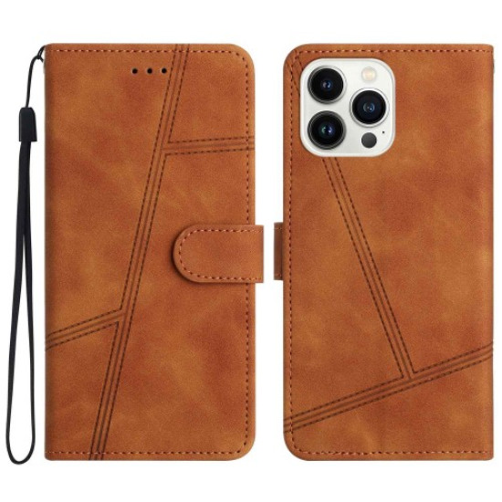 For iPhone 16 Pro Case Lines Imprinted PU Leather Stand Phone Cover - Brown