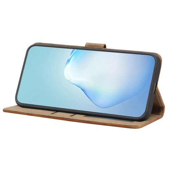 For iPhone 16 Pro Case Lines Imprinted PU Leather Stand Phone Cover - Brown