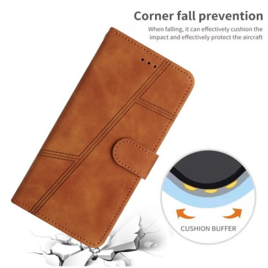 For iPhone 16 Pro Case Lines Imprinted PU Leather Stand Phone Cover - Brown
