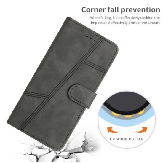 For iPhone 16 Pro Case Lines Imprinted PU Leather Stand Phone Cover - Grey