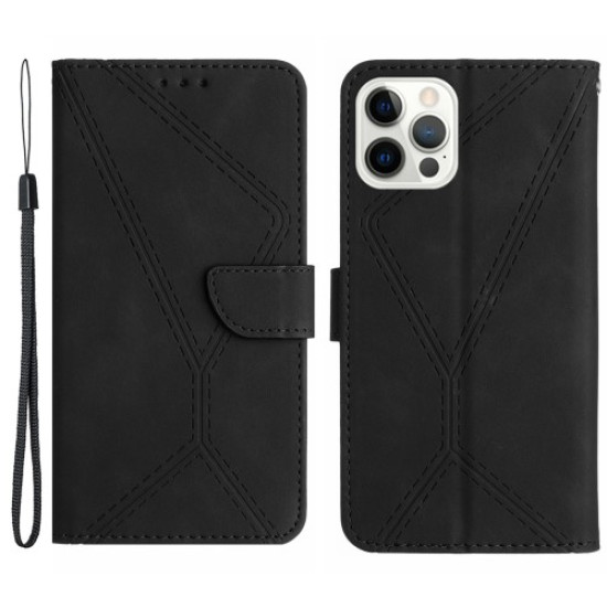 HT05 For iPhone 16 Pro Max Case Leather Phone Cover Card / Cash Slots Stand Feature - Black