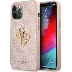 Guess 4G Big Metal Logo Σκληρή Θήκη PU για iPhone 12 Pro Max - Ροζ