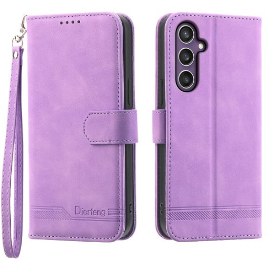 DIERFENG DF-03 For Samsung Galaxy S25 Leather Case Lines Imprint Wallet Phone Cover - Purple Samsung Cases Mobile
