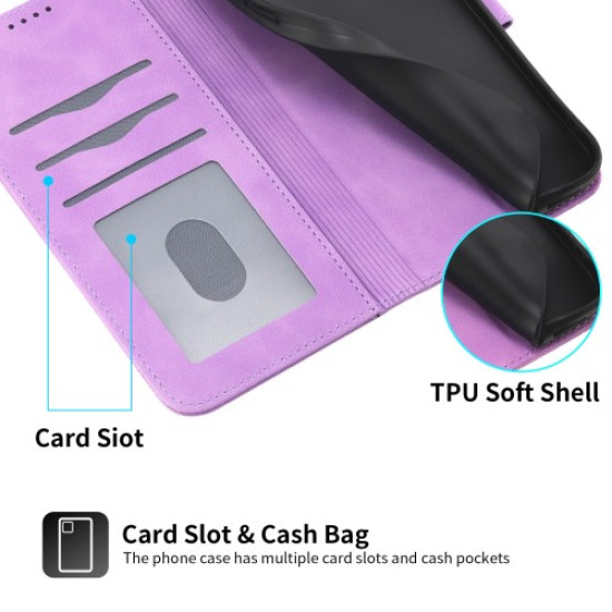 DIERFENG DF-03 For Samsung Galaxy S25 Leather Case Lines Imprint Wallet Phone Cover - Purple Samsung Cases Mobile