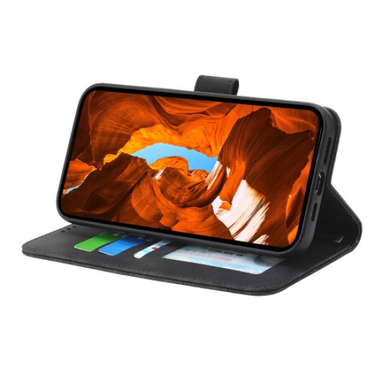 DIERFENG DF-03 For Samsung Galaxy S25 Ultra Leather Case Lines Imprint Wallet Phone Cover - Black Samsung Cases Mobile