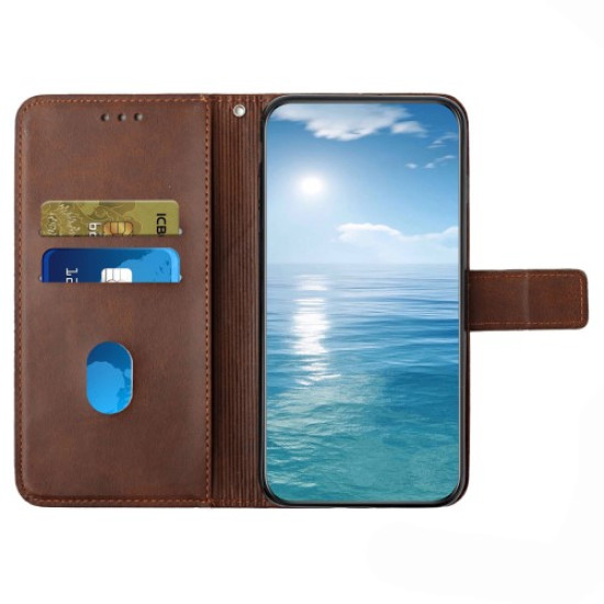 Θήκη Πορτοφόλι με Βάση Στήριξης (Όψη Δέρματος) Σχέδιο Γραμμές για Xiaomi Redmi Note 13 4G - Καφέ XIAOMI Θήκες Κινητών