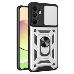 For Samsung Galaxy A16 5G / A16 4G Case with Slide Camera Lid PC+TPU Kickstand Phone Cover - Silver For Samsung Galaxy A16 5G / A16 4G Case with Slide Camera Lid PC+TPU Kickstand Phone Cover - Silver