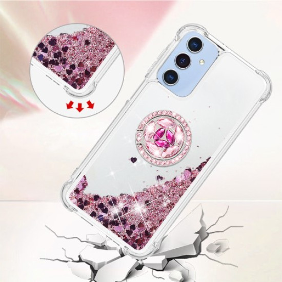 YB Quicksand Series-7 for Samsung Galaxy A15 5G Case Liquid Glitter Sequins TPU Kickstand Phone Cover - Rose Gold  /  Hearts Samsung Cases Mobile