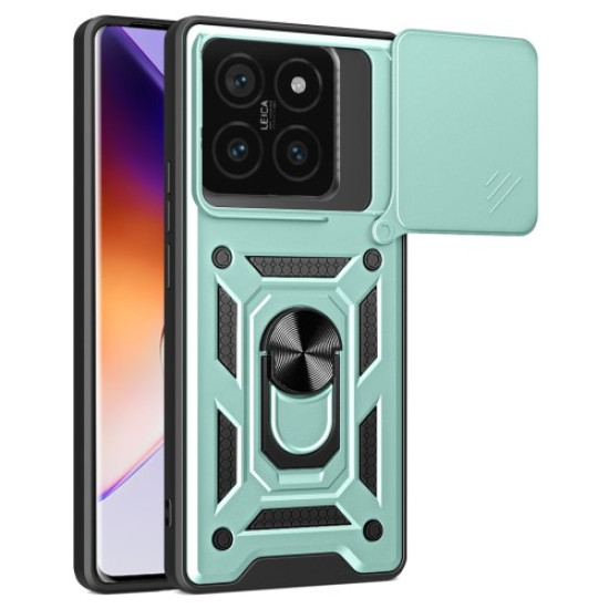 For Xiaomi 14T Pro Case with Slide Camera Lid PC+TPU Kickstand Phone Cover - Green XIAOMI Cases Mobile