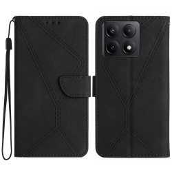 Θήκη Πορτοφόλι με Βάση Στήριξης (Όψη Δέρματος) με Γραμμές για Xiaomi 14T Pro - Μαύρο