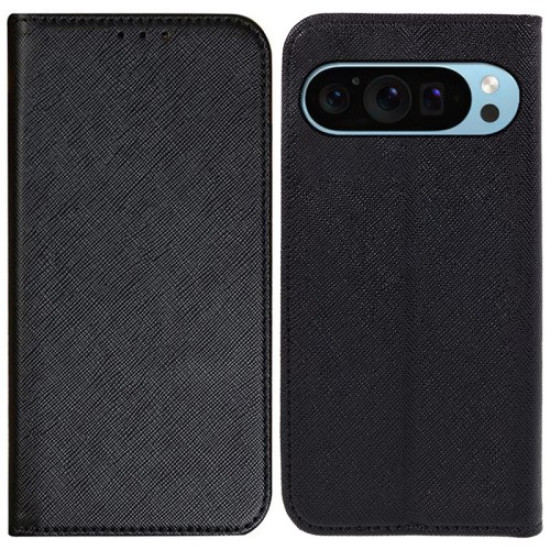 For Google Pixel 9 Pro XL Case Cross Texture Leather Wallet Phone Cover Magnetic Closing - Black Google Pixel mobile Cases