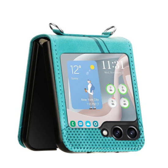 For Samsung Galaxy Z Flip6 5G Case Triangle Patterns PU Leather Hard PC Crossbody Phone Cover - Green Samsung Cases Mobile
