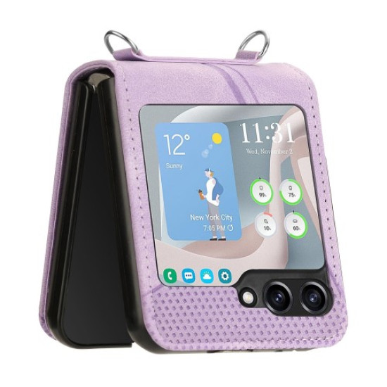 For Samsung Galaxy Z Flip6 5G Case Triangle Patterns PU Leather Hard PC Crossbody Phone Cover - Purple Samsung Cases Mobile