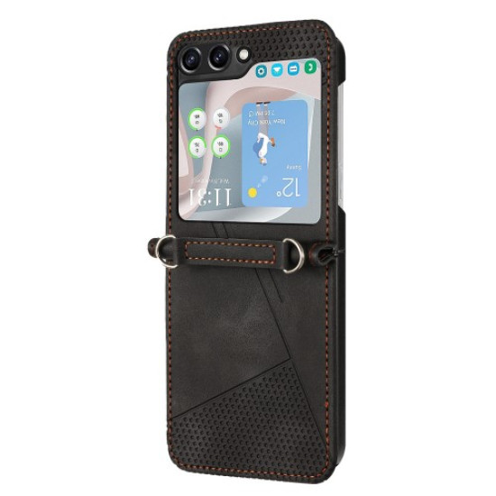 For Samsung Galaxy Z Flip6 5G Case Triangle Patterns PU Leather Hard PC Crossbody Phone Cover - Black Samsung Cases Mobile