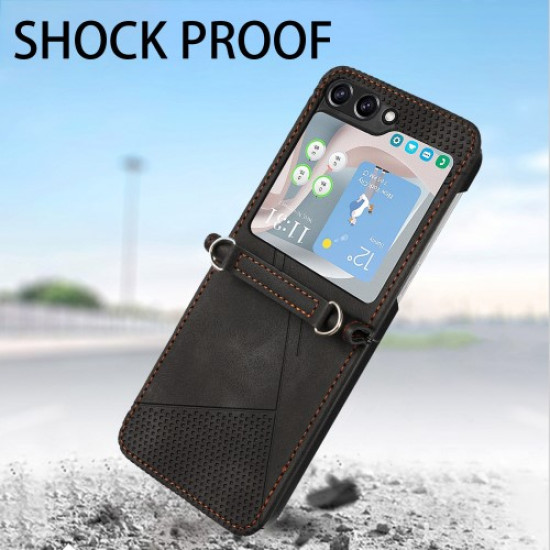 For Samsung Galaxy Z Flip6 5G Case Triangle Patterns PU Leather Hard PC Crossbody Phone Cover - Black Samsung Cases Mobile