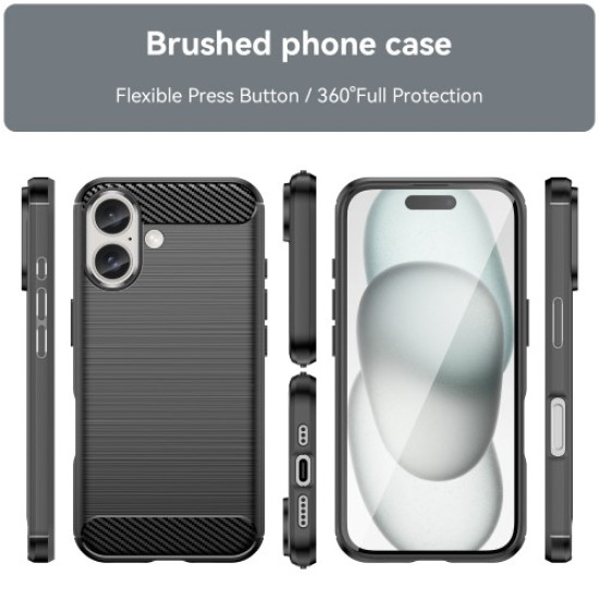 For iPhone 16 Case Brushed Soft TPU Phone Cover Carbon Fiber Texture - Black Apple Cases Mobile
