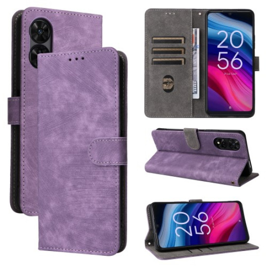 For TCL 50 5G Case RFID Blocking Folio Flip Leather Phone Wallet Cover with Hand Strap - Purple TCL Mobile Cases