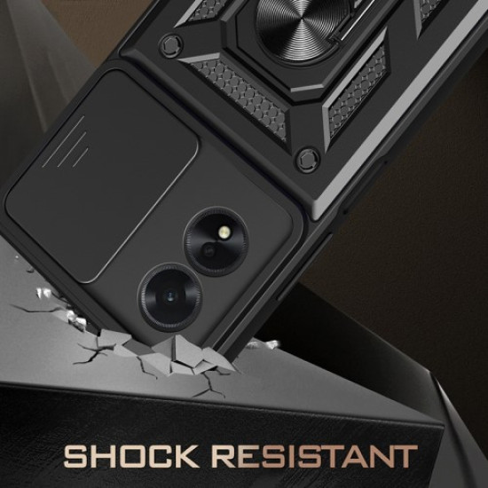 For Oppo A38 4G Case PC+TPU Anti-fall Kickstand Phone Cover with Slide Lens Lid - Black Oppo Realme Cases Mobile