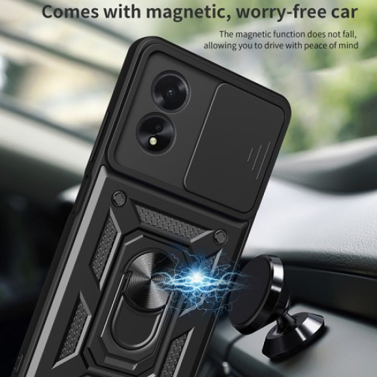 For Oppo A38 4G Case PC+TPU Anti-fall Kickstand Phone Cover with Slide Lens Lid - Black Oppo Realme Cases Mobile