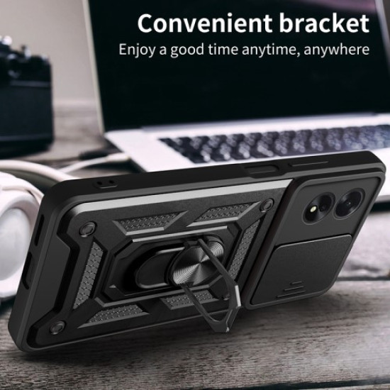 For Oppo A38 4G Case PC+TPU Anti-fall Kickstand Phone Cover with Slide Lens Lid - Green Oppo Realme Cases Mobile
