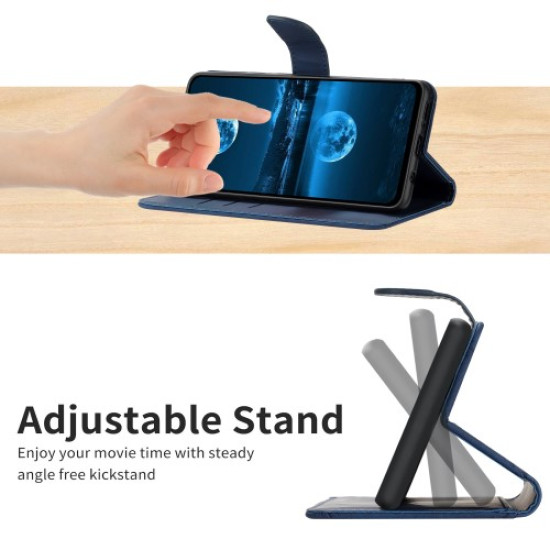 HT05 For Oppo A58 4G PU Leather Phone Case Imprinted Line Mobile Phone Wallet Stand Cover - Blue Oppo Realme Cases Mobile