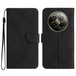 Θήκη Πορτοφόλι με Βάση Στήριξης (Όψη Δέρματος) Σχέδιο με Γραμμές για Realme 12 Pro 5G / 12 Pro+ 5G - Μαύρο