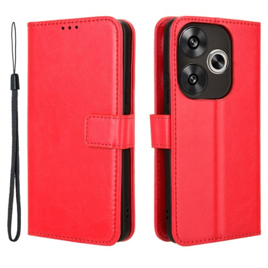 For Xiaomi Redmi Turbo 3 5G / Poco F6 5G Case with Wrist Strap Crazy Horse Texture Magnetic Clasp Phone Cover - Red XIAOMI Cases Mobile