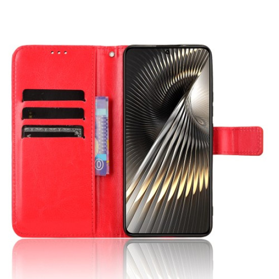 For Xiaomi Redmi Turbo 3 5G / Poco F6 5G Case with Wrist Strap Crazy Horse Texture Magnetic Clasp Phone Cover - Red XIAOMI Cases Mobile