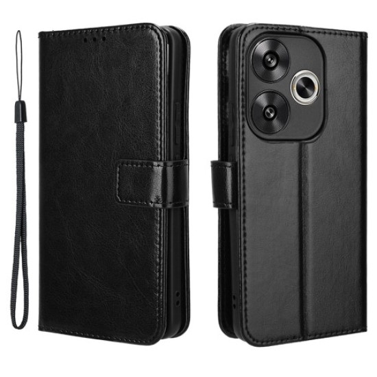 For Xiaomi Redmi Turbo 3 5G / Poco F6 5G Case with Wrist Strap Crazy Horse Texture Magnetic Clasp Phone Cover - Black XIAOMI Cases Mobile
