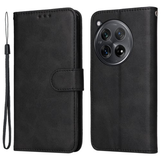 For OnePlus 12R 5G / Ace 3 5G Case Leather Photo Slot Wallet Phone Cover with Wrist Strap - Black OnePlus Mobile Cases