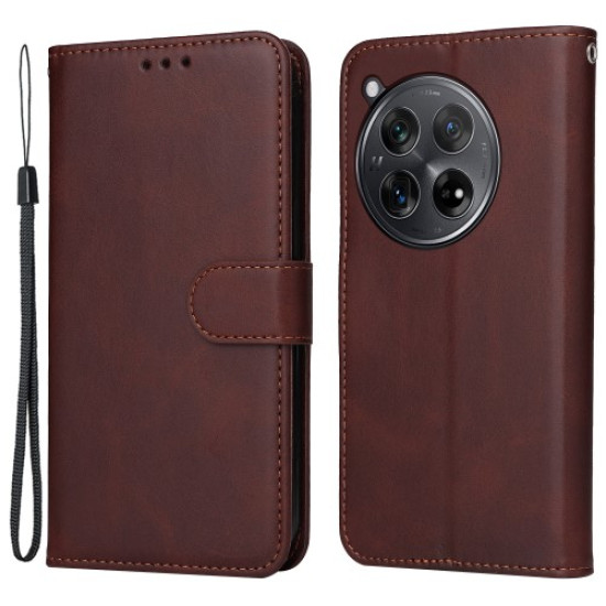 For OnePlus 12R 5G / Ace 3 5G Case Leather Photo Slot Wallet Phone Cover with Wrist Strap - Brown OnePlus Mobile Cases