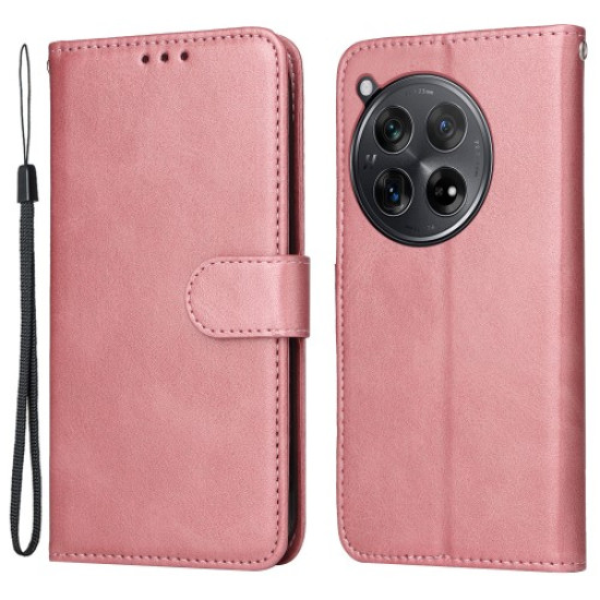 For OnePlus 12R 5G / Ace 3 5G Case Leather Photo Slot Wallet Phone Cover with Wrist Strap - Pink OnePlus Mobile Cases