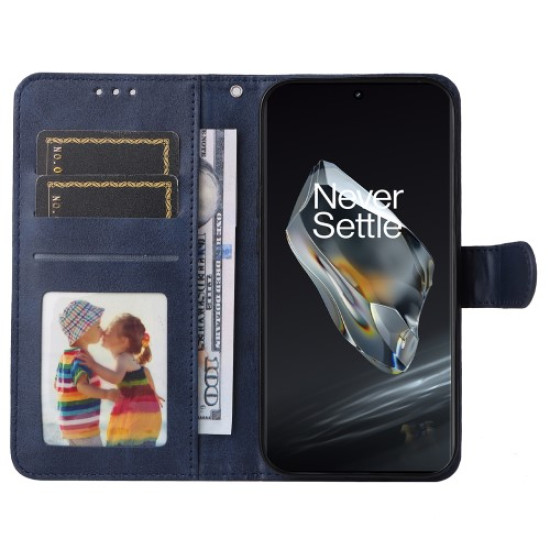 For OnePlus 12R 5G / Ace 3 5G Case Leather Photo Slot Wallet Phone Cover with Wrist Strap - Blue OnePlus Mobile Cases