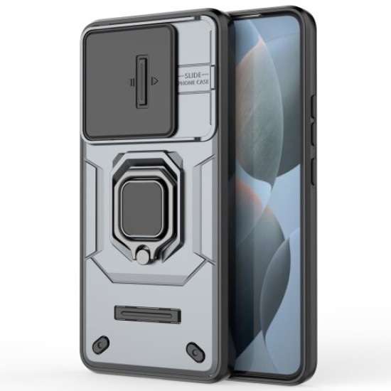 For Xiaomi Poco F6 Pro 5G / Redmi K70 5G / K70 Pro 5G Cell Phone Case Slide Lens Lid PC+TPU Kickstand Back Cover - Grey XIAOMI Cases Mobile