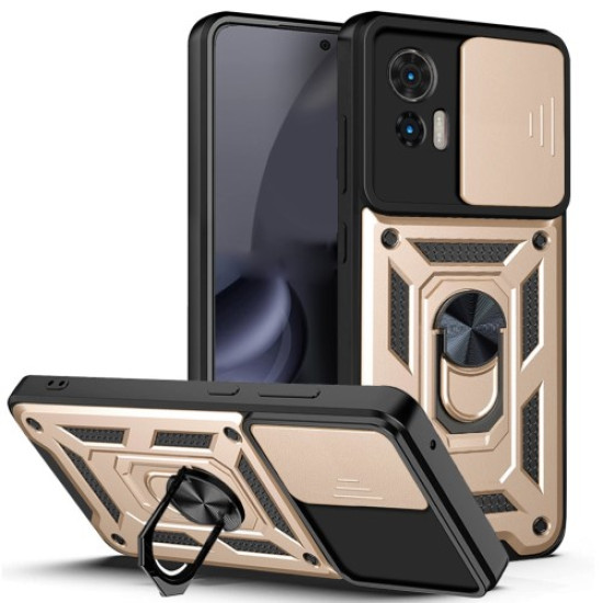 For Motorola Edge 30 Neo 5G  /  Edge 30 Lite Fall Prevention PC + TPU Hybrid Cover with Ring Kickstand Phone Case with Slide Camera Protector - Gold Motorola Cases Mobile
