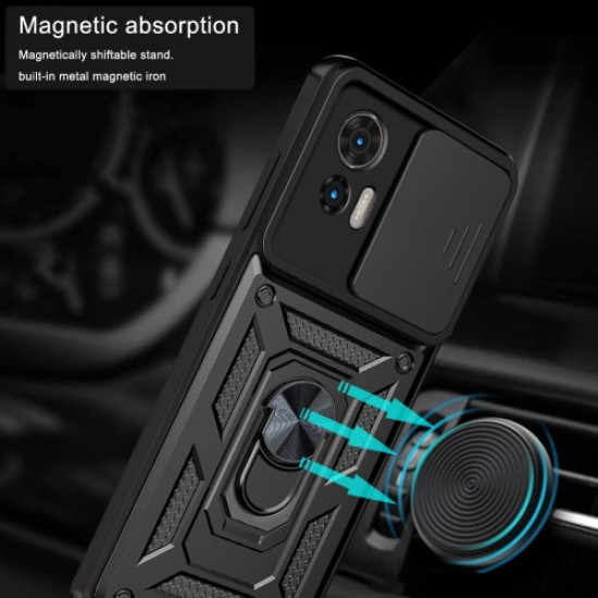 For Motorola Edge 30 Neo 5G  /  Edge 30 Lite Fall Prevention PC + TPU Hybrid Cover with Ring Kickstand Phone Case with Slide Camera Protector - Silver Motorola Cases Mobile